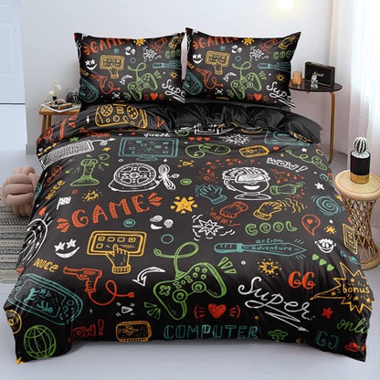 3D Print Gamepad Duvet Cover Set Gaming Comforter Covers and Pillowcases King Size Black Color Bed Set Gamer Beddings Boy Kid Bedroom Decorations