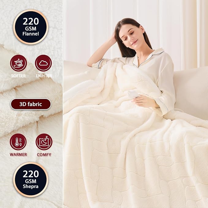 Heated Electric Blanket- Electric Throw Blanket 72"x84" for Bed- 5 Heating Levels& 4 Hours Auto Off for Home Office - Soft Faux Fur Fabric for Full Body(Beige)