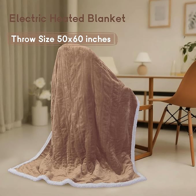Heated Blanket Electric Throw 50''x60'', 3 Hour Auto Shut-Off 6 Heating Levels Small Warm Soft Flannel Electric Blanket Machine Washable - Brown