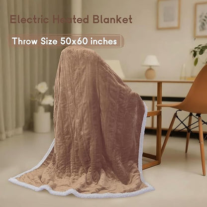 Heated Blanket Electric Throw 50''x60'', 3 Hour Auto Shut-Off 6 Heating Levels Small Warm Soft Flannel Electric Blanket Machine Washable - Brown