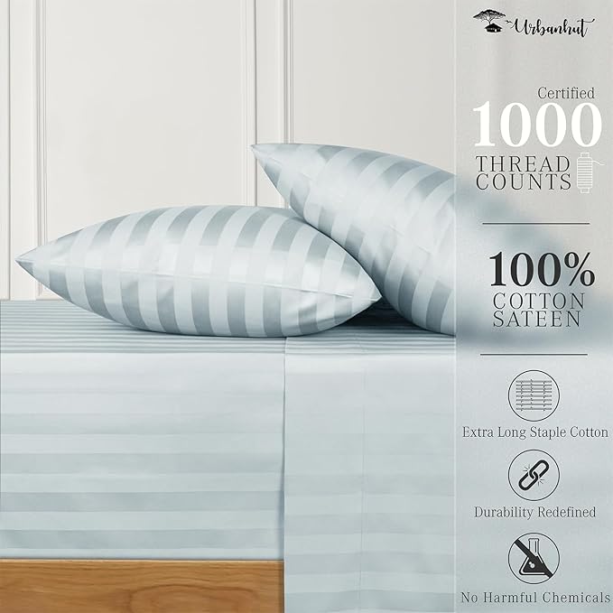 URBANHUT 1000 Thread Count Damask Striped Twin Size Egyptian Cotton Sheets, Long Staple Soft & Breathable, 4 Pc Bed Sheet Sets, Luxury Hotel Sateen Sheets Fits 16" Deep Pocket - Light Blue