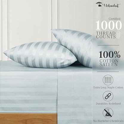 URBANHUT 1000 Thread Count Damask Striped Twin Size Egyptian Cotton Sheets, Long Staple Soft & Breathable, 4 Pc Bed Sheet Sets, Luxury Hotel Sateen Sheets Fits 16" Deep Pocket - Light Blue