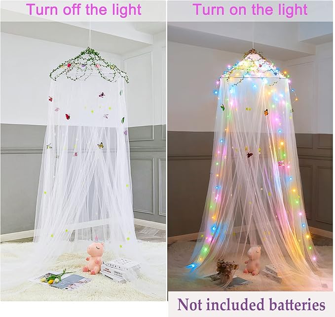 FIOBEE Bed Canopy for Girls Room Bed Canopy Curtains with Led Lights Mosquito Net DIY Princess Room Décor with Stars Butterflies for Kids Bedroom, White