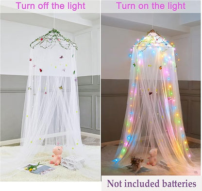 FIOBEE Bed Canopy for Girls Room Bed Canopy Curtains with Led Lights Mosquito Net DIY Princess Room Décor with Stars Butterflies for Kids Bedroom, White