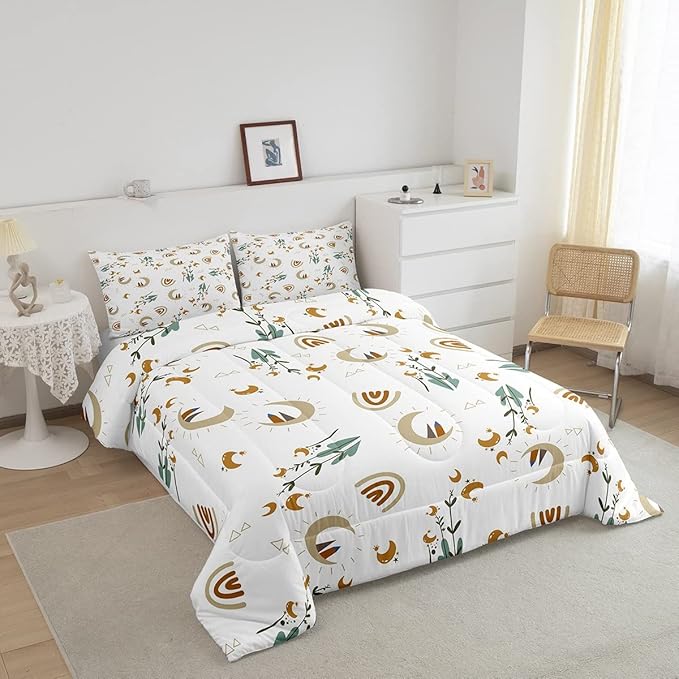 Feelyou Girls Rainbow Cute Comforter Set Wildflower Moon Girly Comforter Soft Quilt for Kids Boys Cartoon Boho Bedding Set Collection 3Pcs King Size Boys