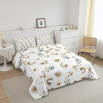 Feelyou Girls Rainbow Cute Comforter Set Wildflower Moon Girly Comforter Soft Quilt Set for Kids Boys Children Cartoon Style Boho Bedding Set Bedroom Collection 2Pcs Twin Size