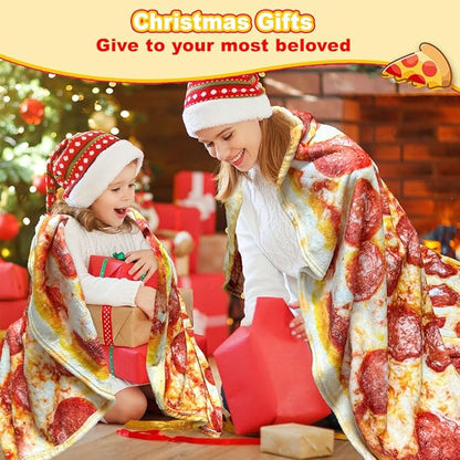 HDFK Pizza Blanket Adult Size Double Sided Red Pepperoni Realistic Food Fleece Kids Size Cheese Fluffy Throw Blankets Flannel Funny Novelty Present 71 inches Round Lightweight White Elephant Christmas