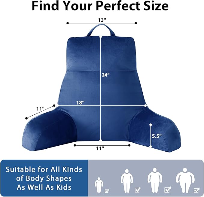 Reading Pillow with Arms for Adult, Back Pillow for Bed Sitting Up, Shredded Memory Foam Backrest Pillow with Pockets & Removable Washable Cover, Lounging, Watching TV, Reading(24" Navy Blue)