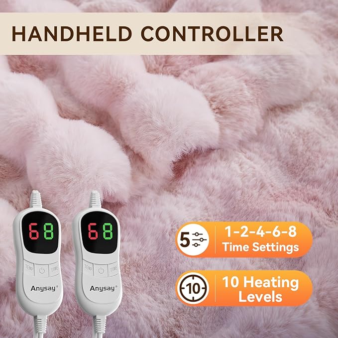 Heated Blanket Throw with 1/2/4/6/8 Hours Auto-Off 10 Heat Level, 90'' * 100'' Cozy Faux Rabbit Fur Bubble Electric Blanket with Overheat Protection(Tie-Dye Pink)