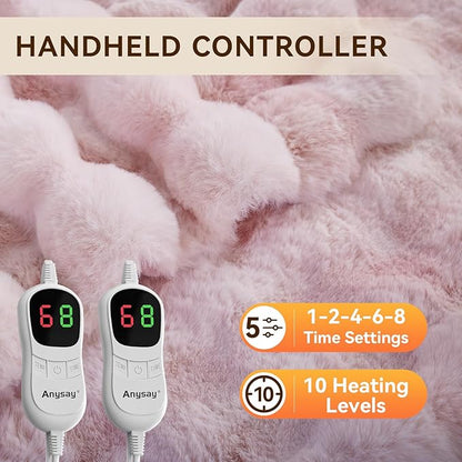 Heated Blanket Throw with 1/2/4/6/8 Hours Auto-Off 10 Heat Level, 90'' * 100'' Cozy Faux Rabbit Fur Bubble Electric Blanket with Overheat Protection(Tie-Dye Pink)