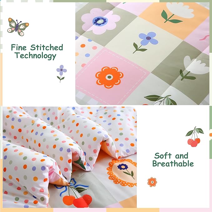 Mooreeke Kids Twin Comforter Sets for Girls 6 Pieces Floral Butterfly Bedding Set for Teens Microfiber Splice Block Flower Kids Bed in A Bag with Comforter, Sheet Set, Shams and Decorative Toy Pillow