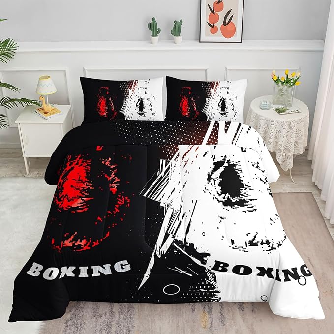 Boxing Comforter Set Sports Games Theme Printed Bedding Set with 1 Comforter and 2 Pillowcases for Boys and Girls Bedroom All Season（Boxing Queen