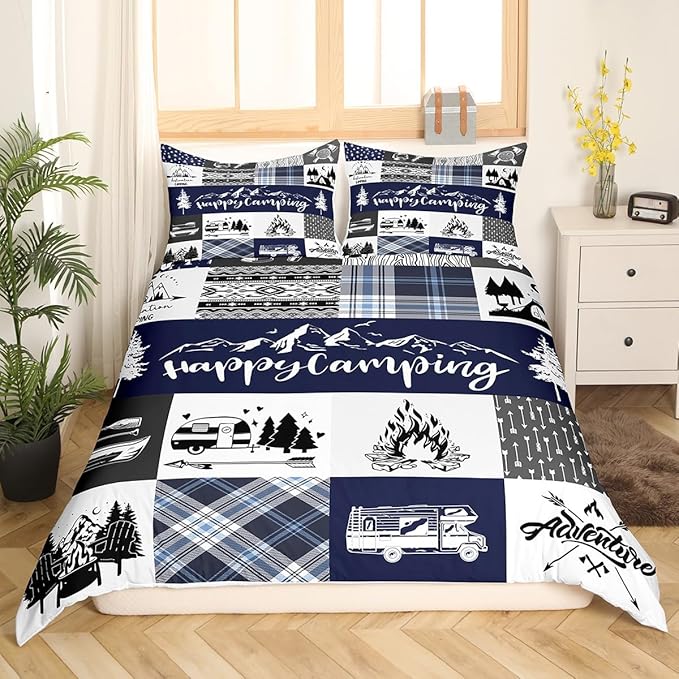 Happy Camping Bedding Set Twin Size,RV Camper Adventure Tent Patchwork Comforter Cover Set for Kids Girls,Farm Lake Cabin Arrow Hunt Blue Check Bedding Quilt Cover Set Bedroom Decor, 2 Pcs