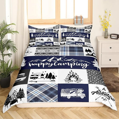 Happy Camping Bedding Set Twin Size,RV Camper Adventure Tent Patchwork Comforter Cover Set for Kids Girls,Farm Lake Cabin Arrow Hunt Blue Check Bedding Quilt Cover Set Bedroom Decor, 2 Pcs