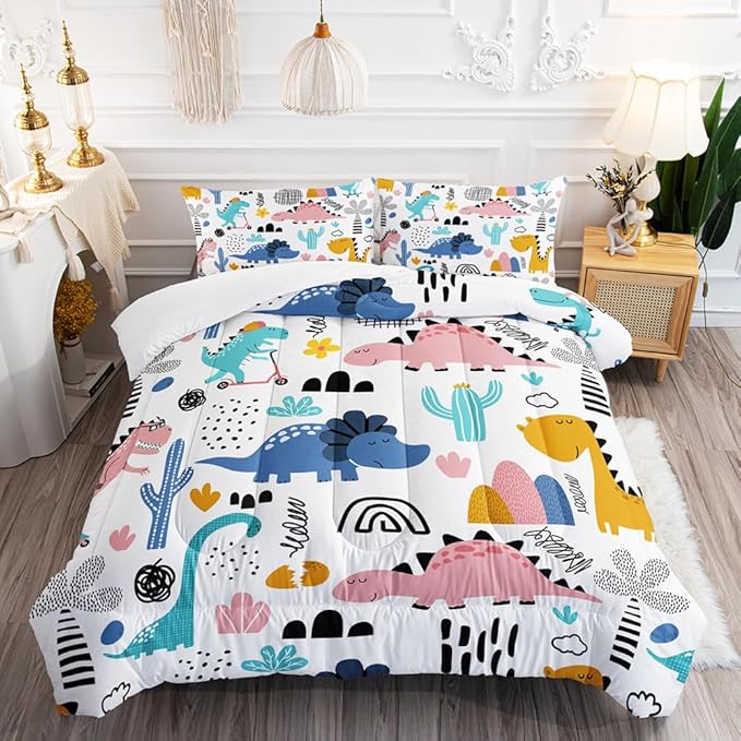Cartoon Dinosaur Rainbow Comforter Set Queen 3Pc Kawaii Dinosaur Bedding Set All Season with Cactus, Coconut Tree Decoration Includes 1 Comforter, 2 Pillowcases for Kids Girls Teens