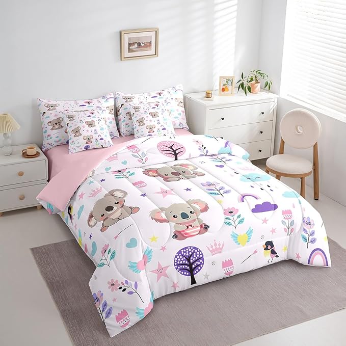 Erosebridal Floral Koala Bedding 7PCS Twin Size Comforter Sets for Boys Cartoon Animal Bedding Sets Cute Flower Bed in a Bag,1 Comforter,1 Flat Sheet,1 Fitted Sheet,2 Pillowcases,2 Throw Pillow Covers