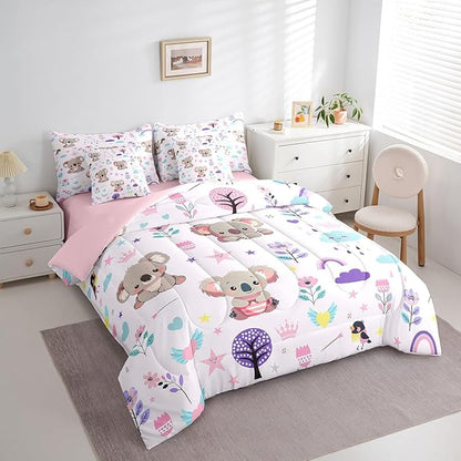 Erosebridal Floral Koala Bedding 7PCS King Size Comforter Sets for Boys Cartoon Animal Bedding Sets Cute Flower Bed in a Bag,1 Comforter,1 Flat Sheet,1 Fitted Sheet,2 Pillowcases,2 Throw Pillow Covers