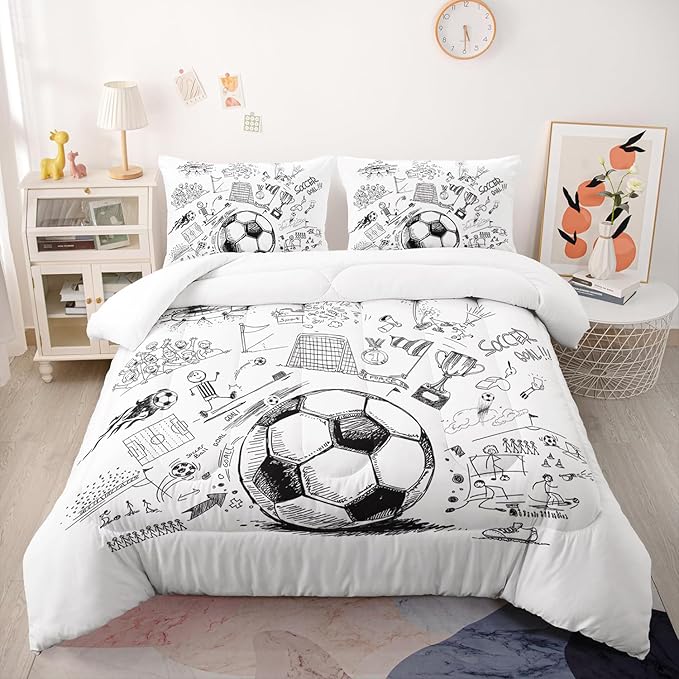 Soccer Bedding Comforter Set King Size for Kids Teens and Adults Football Printed Quilt Set for Bedroom Soft Microfiber All Season Print Quilt Set with 1 Comforter and 2 Pillowcases
