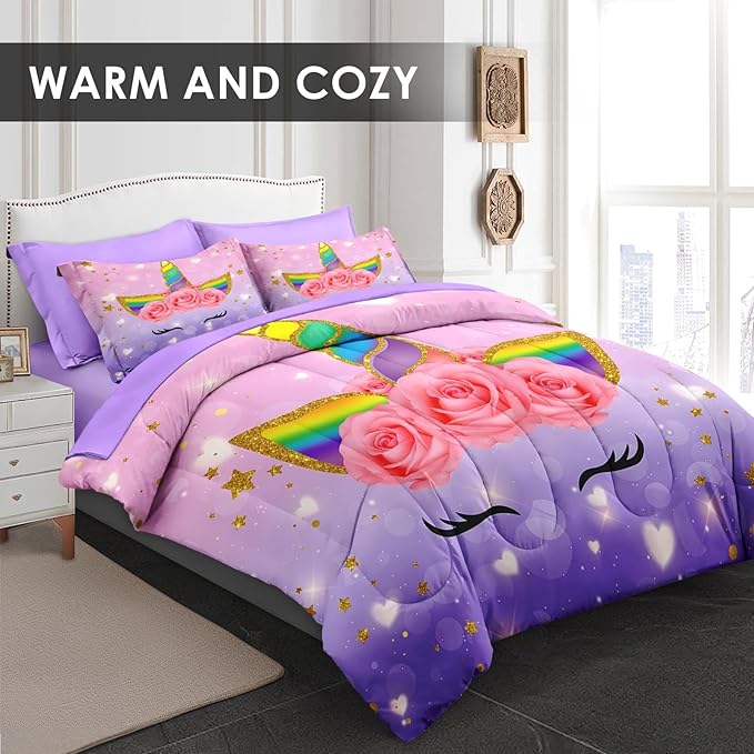 Queen Size Comforter Set with 2 Pillowcases & 2 Shams, Cute Cartoon Unicorn 7 Pcs Bedding for Kids and Teens, Rainbow Horse Flowers Bed in a Bag with Flat Fitted Sheet