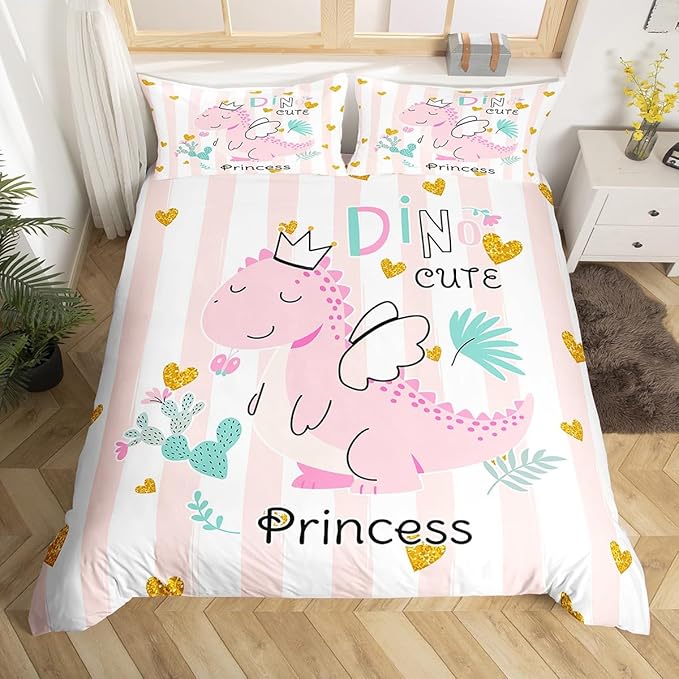 Castle Fairy Pink Dino Duvet Cover Twin Size,Kawaii Cute Dinosaur Princess Comforter Cover Set for Kids Boys Girls,Cartoon Animal Girly Heart Stripes Bedding Quilt Cover Set Bedroom Decor, 2 Pieces