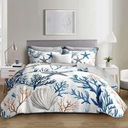 Starfish Coastal Bedding Quilt Sets Twin Size,Summer Shell Blue Coral Nautical Bedding Quilt with 2 Pillowcases,Beach Themed Soft Lightweight Quilted Set.