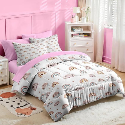 Nesker 7 Pcs Comforter Set Full Size, Trendy Rainbows Bedding for Kids Teen, Pink Boho with Fitted Sheet 2 Pillowcases & 2 Shams for Bedroom Bed Decor