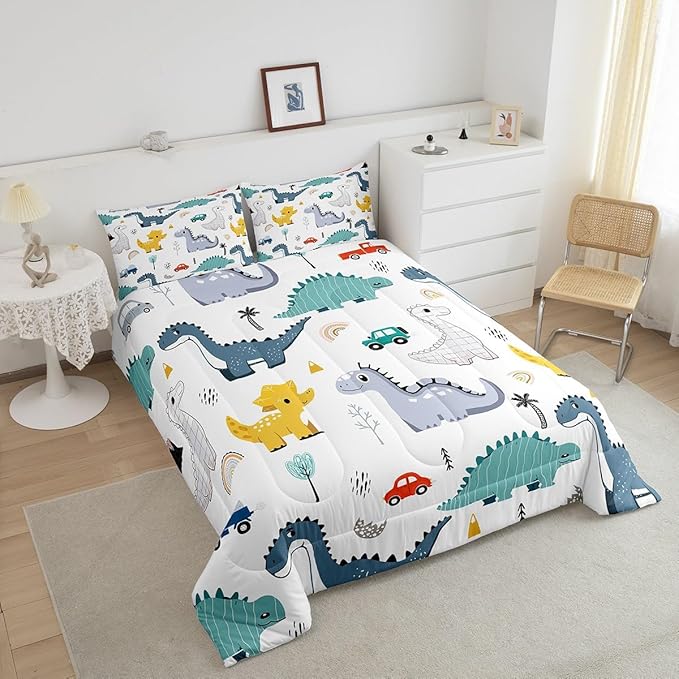 Cartoon Dino Boys Comforter Set King Size,Cute Dinosaur Animal Blue Yellow Sketch Bedding Set All Season Quilt Set,Cars Rainbow Trees Printed Kawaii Microfiber Polyester Down Comforter