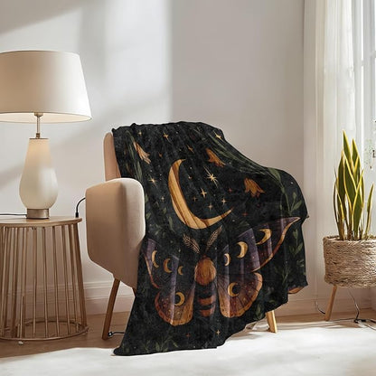 Moth Moon Blanket Gifts for Boys Girls Kids, Mystical Celestial Warm Soft Flannel Throw Blankets for Travel, Sofa, Living Room, Bedroom Decor, 40x50 in