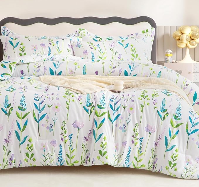 SDY 7PCS Floral Bedding Set Full Size Bedding Set Girl Boys Kids,Bed in A Bag Full with Floral Comforter, Flat Sheet, Fitted Sheet and Pillowcases & Shams