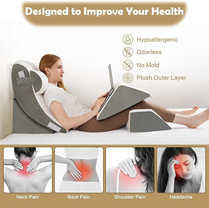 5Pcs Wedge Pillow for Sleeping, Orthopedic Bed Wedge Pillows for After Surgery, Foam Triangle Sit Up Pillow Wedge for Back, Neck, Shoulder Support, Leg Elevation, Acid Reflux, Gerd, Snoring White Grey