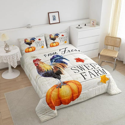 Rustic Farmhouse Bedding Set Full Size,Farm Chicken Comforter for Kids Teens Adults Home Room Decor,Fall Pumpkin Maple Leaf Quilted Duvet Animals Plants Insert,2 Pillowcases,Colorful