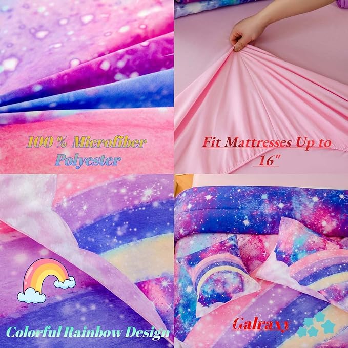 ANGIYUIN 6Pcs Pink Full Size Bed in A Bag for Girls 3D Tie Dye Comforter Sets Colorful Rainbow Kids Bedding Sets Ultra Soft Pastle Nebula Printed Bed in A Bag with Sheets