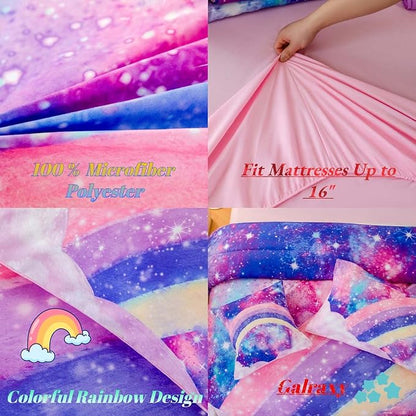 ANGIYUIN 6Pcs Pink Full Size Bed in A Bag for Girls 3D Tie Dye Comforter Sets Colorful Rainbow Kids Bedding Sets Ultra Soft Pastle Nebula Printed Bed in A Bag with Sheets