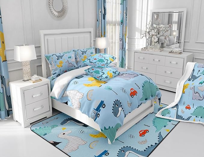 Cute Car Kids Bedding Set King Size for Teens,Kawaii Dino Colorful Wild Animal Comforter Cover with 2 Pillowcases,Cartoon Dinosaur Rainbow Sketch Blue Duvet Cover Set Microfiber Quilt Cover