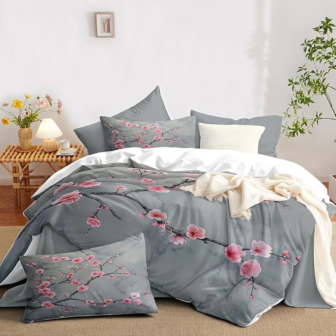 Grey Pink Cherry Blossom Duvet Cover King Size Japanese Cherry Blossoms Duvet Cover Set Vintage Floral Bedding Set Soft Microfiber Comforter Cover(2 Pillowcases, No Comforter)