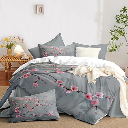Grey Pink Cherry Blossom Duvet Cover Queen Size Japanese Cherry Blossoms Duvet Cover Set Vintage Floral Bedding Set Soft Microfiber Comforter Cover(2 Pillowcases, No Comforter)