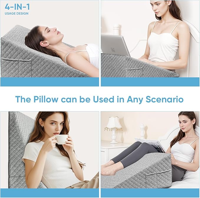 Wedge Pillow, 12 Inch Bed Wedge Pillow for Headboard, Pillow Wedge for Acid Reflux Relief, After Surgery, Sleeping，Back Pain Relief, Memory Foam Top, Darkgrey