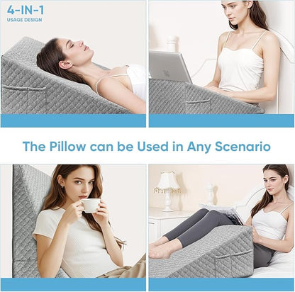 Wedge Pillow, 12 Inch Bed Wedge Pillow for Headboard, Pillow Wedge for Acid Reflux Relief, After Surgery, Sleeping，Back Pain Relief, Memory Foam Top, Darkgrey
