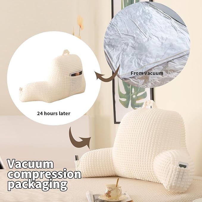 Reading Pillow for Sitting in Bed, Large Backrest Reading Pillow with Arm Rest,Back-Rest Support Cushion for Sit Up on Couch, Sofa, and Floor, Dorm Essentials (Cream Flannel, Large(19"))
