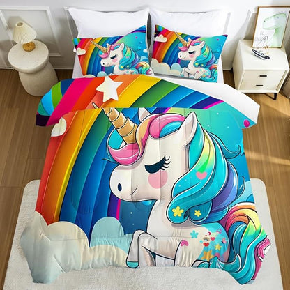 Rainbow Unicorn Comforter Set Queen Size for Girls Kids Children Teens Boys Cartoon Unicorn Bedding Light Blue Quilt 1 Comforter + 2 Pillowcases