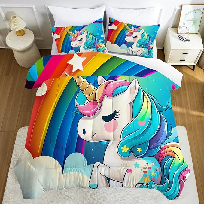 Unicorn Comforter Full Size Rainbow Bedding Set for Girls Kids Children Boys Teens Cartoon Unicorn Light Blue Quilt 1 Comforter + 2 Pillowcases