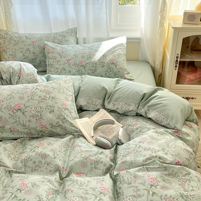 Duvet Cover Full 3Pcs Green Pink Floral Bedding Set for Girls Kids Botanical Flower Bedding Reversible Striped Pattern Soft Microfiber Sage Green Bedding with 2 Pillowcases(No Comforter)