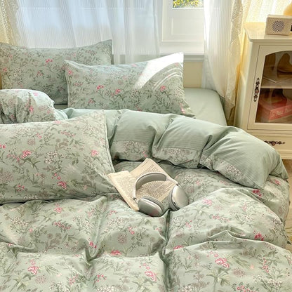 Duvet Cover Full 3Pcs Green Pink Floral Bedding Set for Girls Kids Botanical Flower Bedding Reversible Striped Pattern Soft Microfiber Sage Green Bedding with 2 Pillowcases(No Comforter)