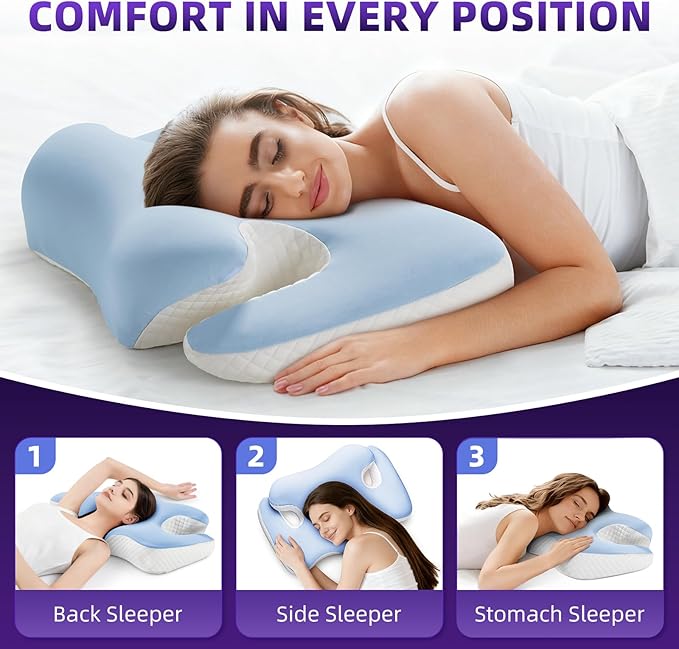 Cervical Neck Pillow，Ergonomic Memory Foam Pillows for Neck and Shoulder Pain Relief,Adjustable Contour Neck Support Bed Pillow for Side Back Stomach Sleepers-Women Men Gift(Baby Blue)