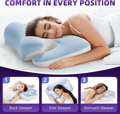 Cervical Neck Pillow，Ergonomic Memory Foam Pillows for Neck and Shoulder Pain Relief,Adjustable Contour Neck Support Bed Pillow for Side Back Stomach Sleepers-Women Men Gift(Baby Blue)