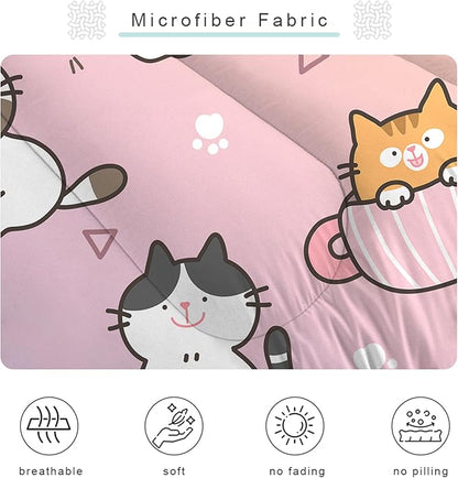 Cat Comforter Set Queen: Colorful Cartoon Cats Bedding Set Cute Kitten Rainbow Feline Quilt 3 Piece for Women Girls Teens Adults 1 Comforter & 2 Pillowcases