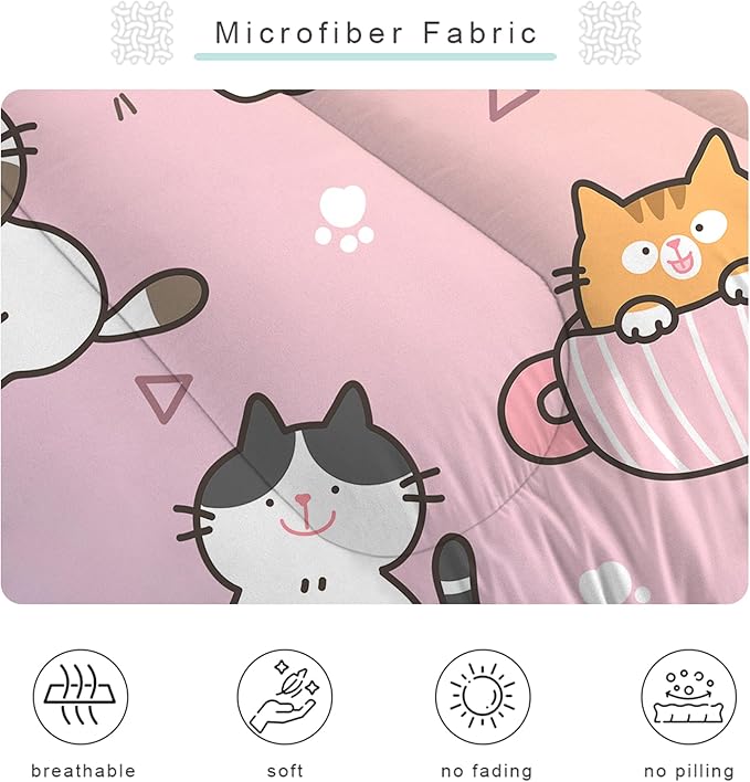 Cat Comforter Set King: Cute Cats Bedding Sets Cartoon Pet Kitten Quilts for Women Teen Girls Adult Rainbow Kawaii Kitty 3 Piece Bed Set 1 Comforter & 2 Pillowcases