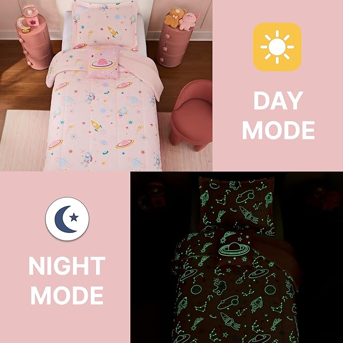 Twin Comforter Set for Girls-3 Pieces Space Glow in The Dark Twin Bedding Sets for Kids,1 Comforter,1 Sham and 1 Decor Pillow