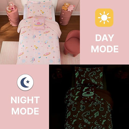 Twin Comforter Set for Girls-3 Pieces Space Glow in The Dark Twin Bedding Sets for Kids,1 Comforter,1 Sham and 1 Decor Pillow