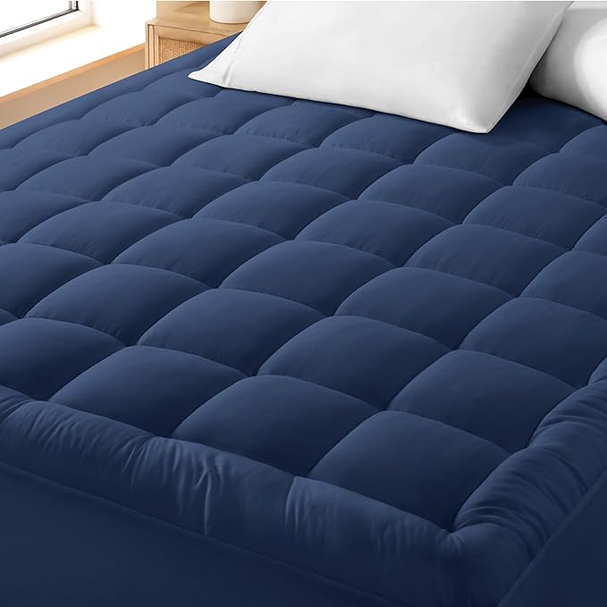 Bare Home King Mattress Topper Cotton Top - Plush Topper for Mattress - Fitted Mattress Cover - Cooling Breathable Air Flow - 8" to 21" Deep Pocket - Soft Mattress Pad (King, Dark Blue)